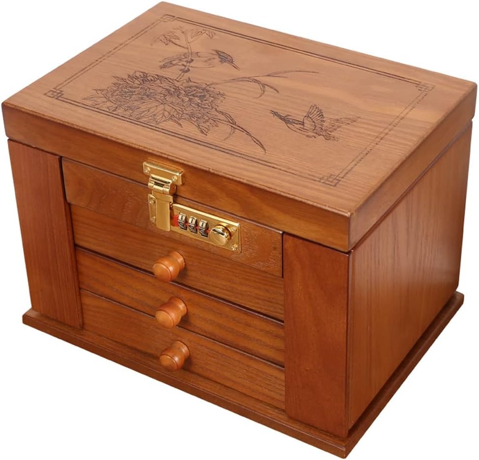 Jewelry Box Jewelry Box Jewelry Storage Box Large Capacity Simple Retro Finishing Box Bringing, Drawer Display Rack Mirror Jewelry Box Organizer (Color : 1, Size : 27x19x23cm) (Brass 27x19x19cm)