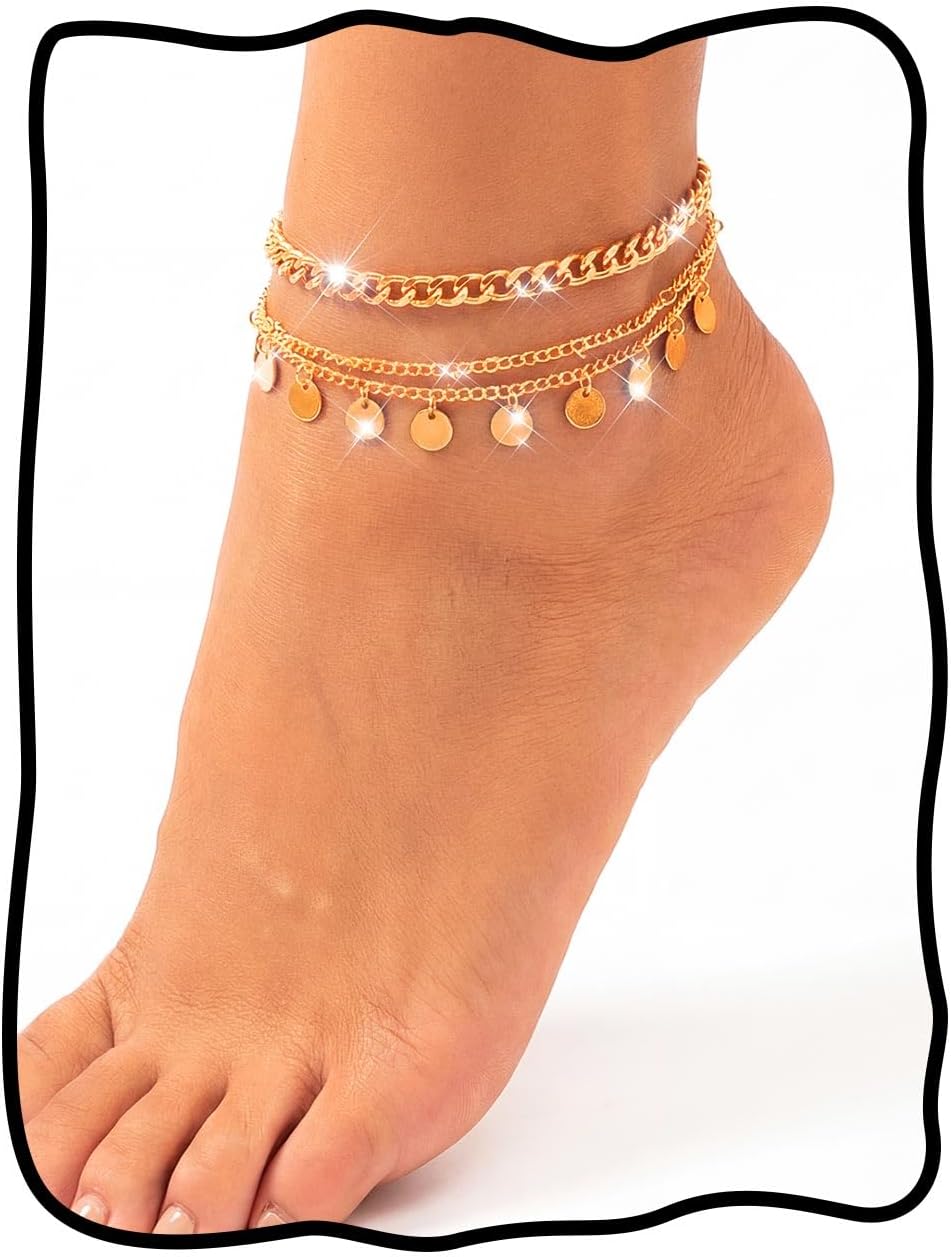 Nicute 2PC Ankle Bracelets Sequin Cuban Link Chain Anklets Beach Ankle Accessory Sets for Women