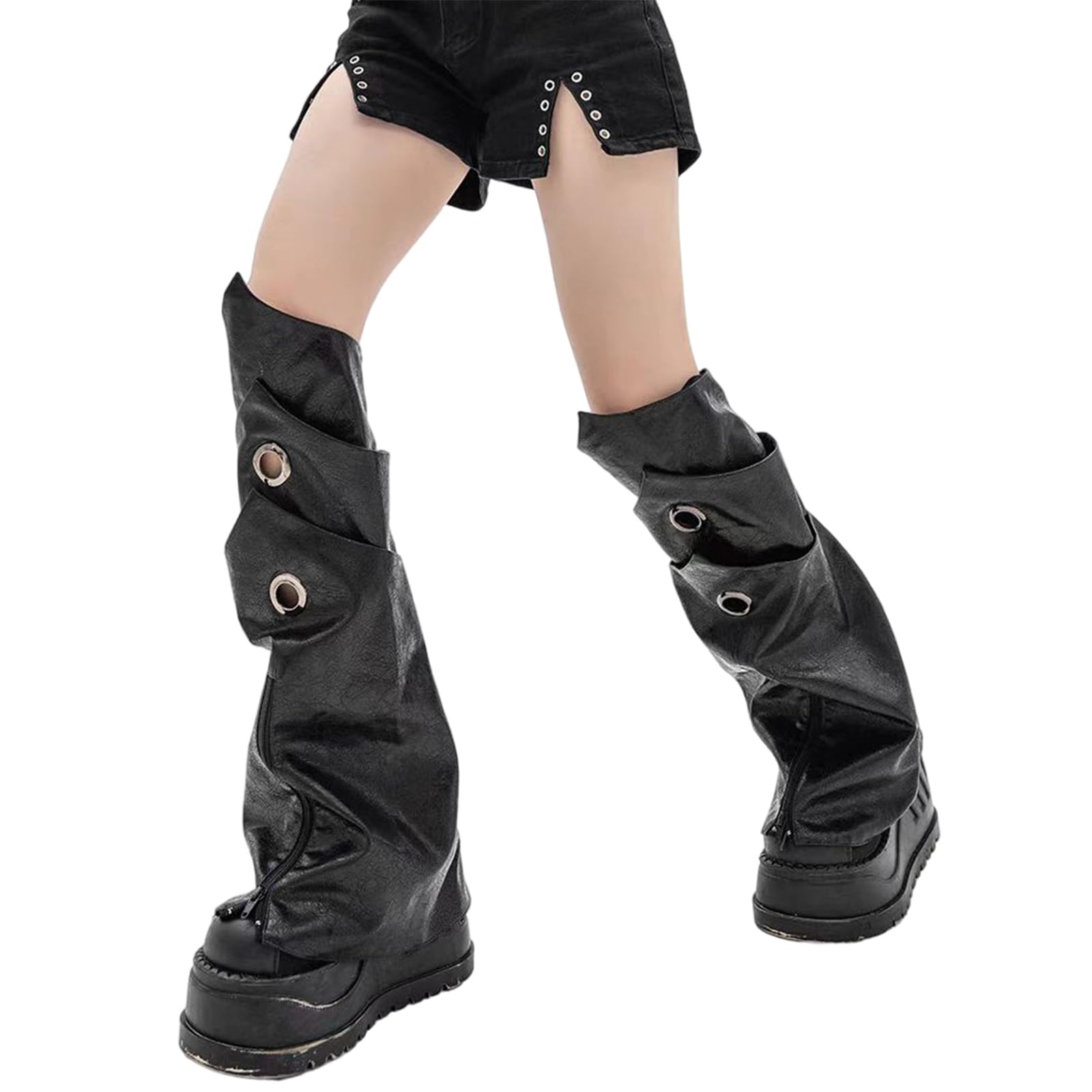Womens Punk Faux Leather Flared Leg Covers with Zippers Eyelets Subcultures Grunge Baggy Leg Warmers Gaiters Streetwear Punk