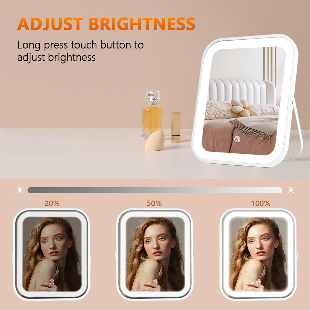 YEKKOPT Wiederaufladbarer Kosmetikspiegel mit Lichtern, 20,3 x 25,4 cm, 3-farbige Beleuchtung, tragbarer Make-up-Spiegel mit Touchscreen, verstellbare LED-Lichter, Schreibtischspiegel für Reisen