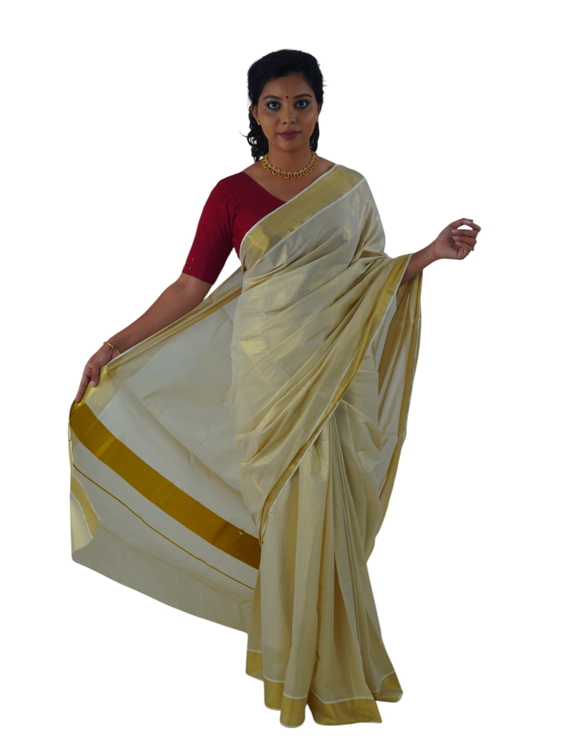 Kuthampully Kerala Kasavu Saree Tissue |Traditional South Indian Sarees | Onam Tissue Kerala Saree | Authentic South Cultural Sarees With Running Blouse KTM-512-image-7