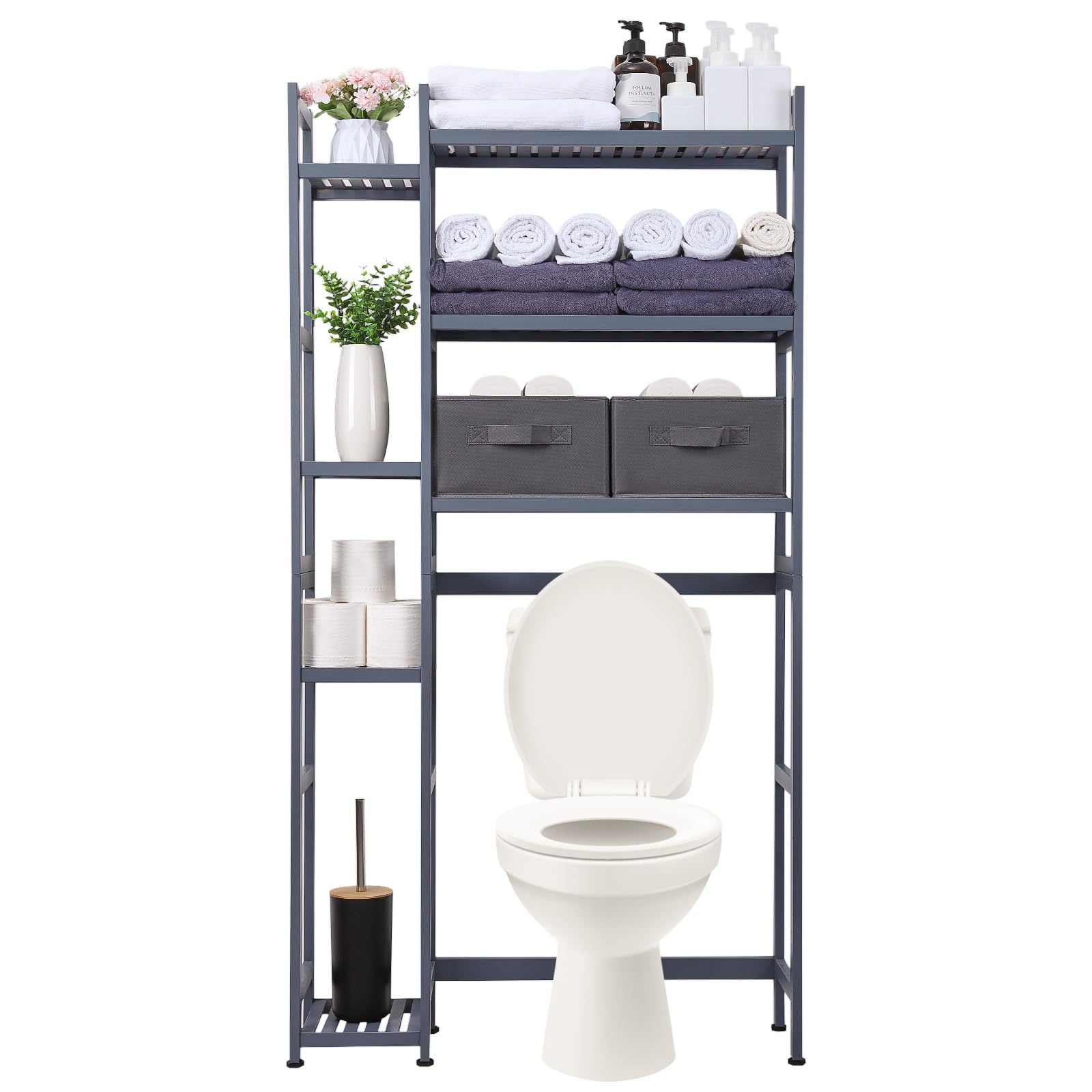 Yorbay Toilettenregal mit 2 Körben, Bambus WC Regal, 3-stöckiges Verstellbar Badregal mit Wasserdichtes Fußpolster, Multifunktional Badezimmerregal, Platzsparend, Einfache Montage (Grau)