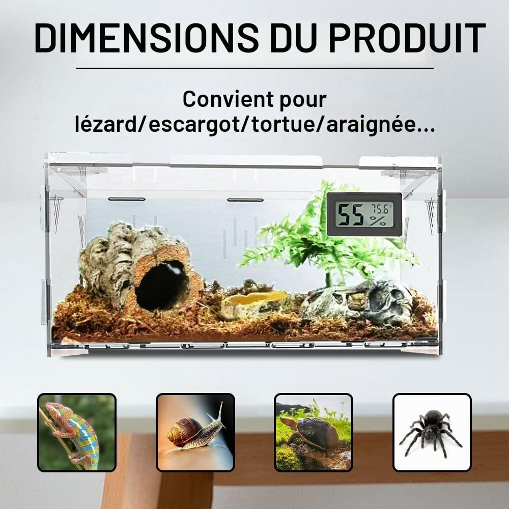 Terrarium Tank, Boîte à Nourriture Transparente en Acrylique pour Reptiles avec Hygromètre de Température