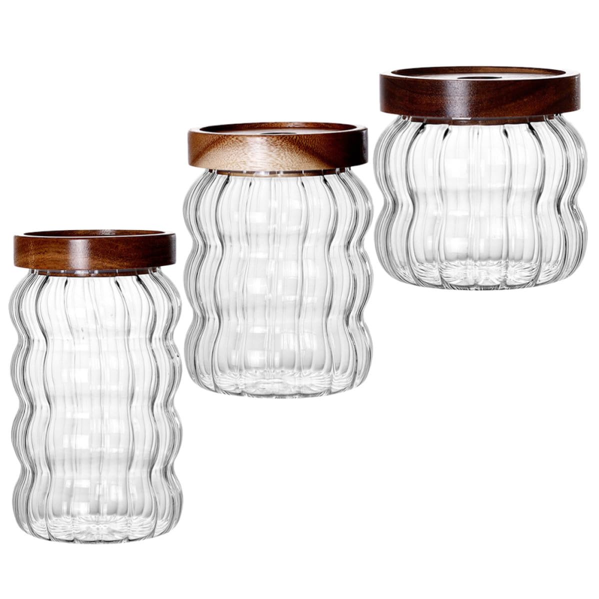 Zerodeko Set da 3 Barattoli di Vetro con Coperchi in Legno di Acacia, Contenitori Ermetici per Caffè e Tè, Conserva Alimenti Freschi, Multifunzione per Cucina