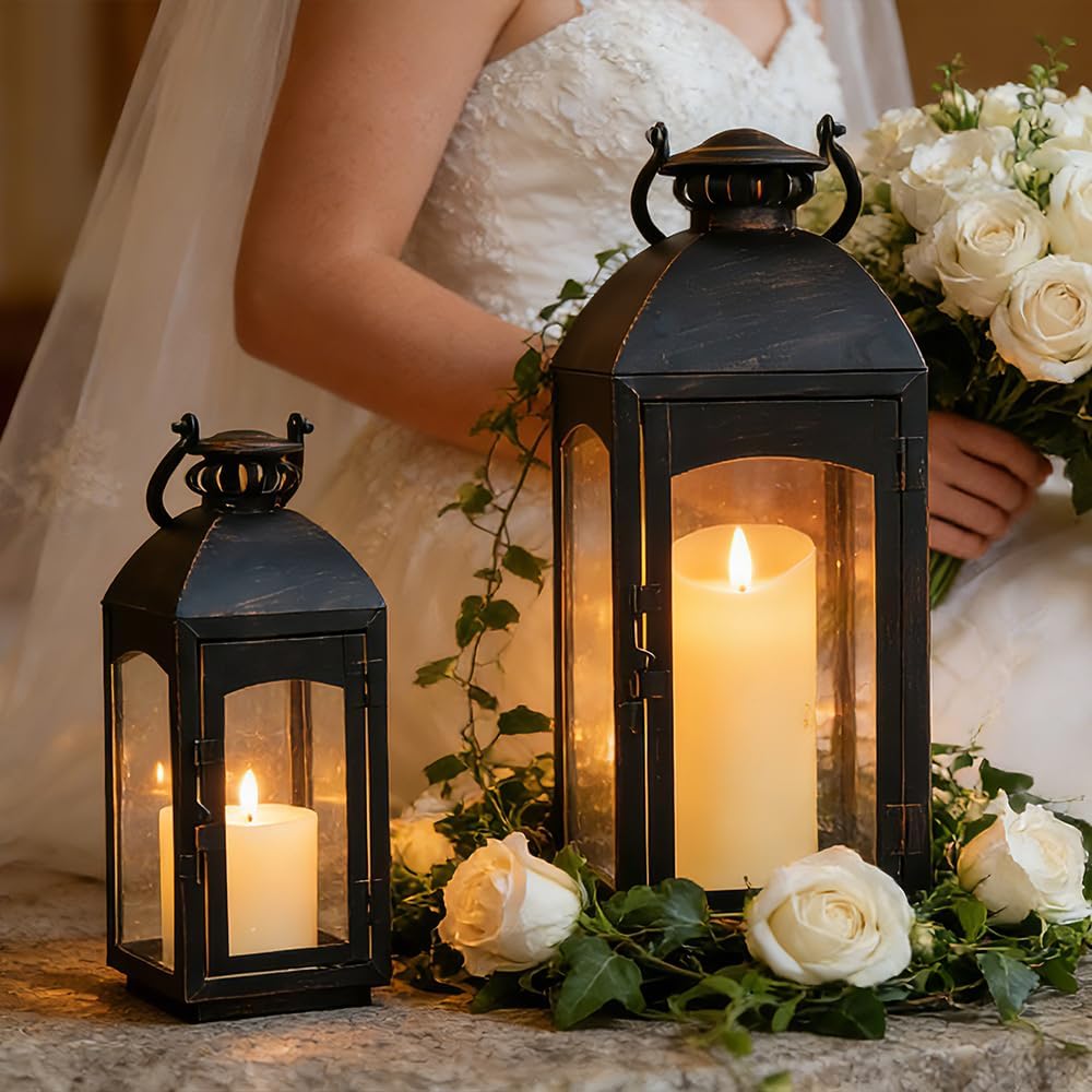 NEEDOMO Lanterns Decorative Indoor&Outdoor, 20''/16''H Set of 2 Outdoor Lanterns for Porch,Metal Frame Candle Holders Hanging Lights with Glass, Spring, Fall, Christmas