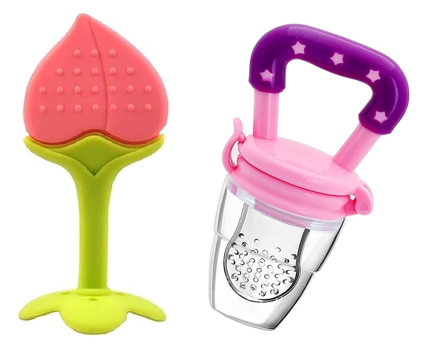 CR Silicone BPA Free, Fruit Shape Teether and Fruit Nibbler for Baby 6-12 Months Baby Teether and Nibbler 3-6 Months Babies Combo Pack Pink & Pink Set(Silicone Nipple, Plastic Handle with Leakproof Plastic Cover)-image-26