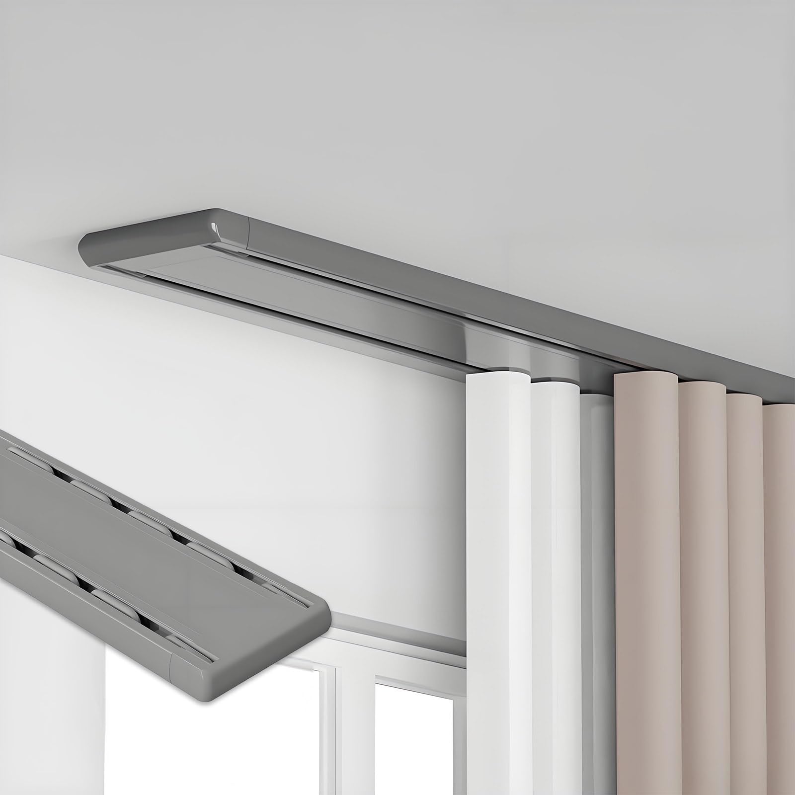Soporte de techo de doble riel resistente, juego de divisor de habitación de riel deslizante de 7.2 pies para dormitorio y hotel, riel de cortina silencioso de aluminio (gris, 220 cm)
