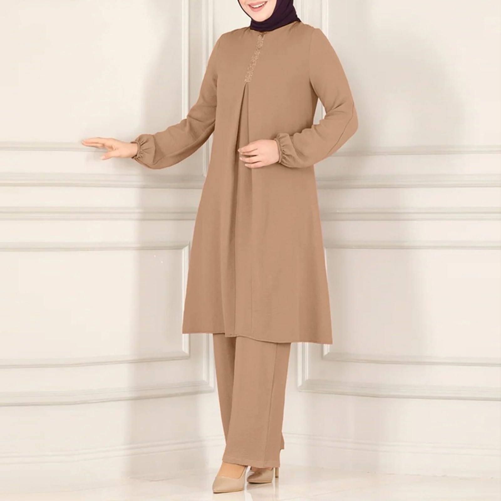 Generisch Damen Muslimische 2-Teilige Sets Langarm Button Down Hemd Hose Abaya Freizeitkleid Dubai Outfits Gebetskleidung Frauen Türkisch Lang Kleider Set Islamische Burka Muslim Kleidung