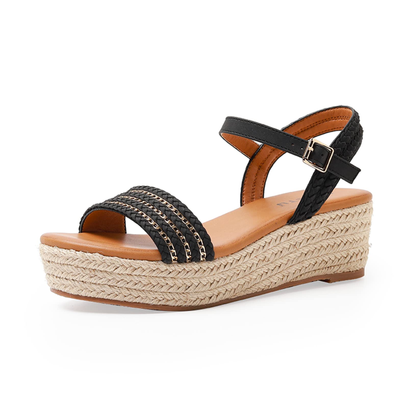 Micoklinlin Espadryle sandały dla kobiet na lato, koturnie, sandały na platformie, otwarte palce, koturny, niski obcas, buty dla dziewczynek, Czarne łańcuszki, 39 eu