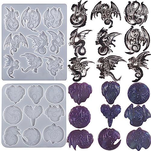 2 Pack Dragon Keychain Resin Mold - 9 Cavities Each - Multiple Style - Pendant - Resin Casting Silicone Molds for Home Decor & Candle Making Wave Spiral Mold