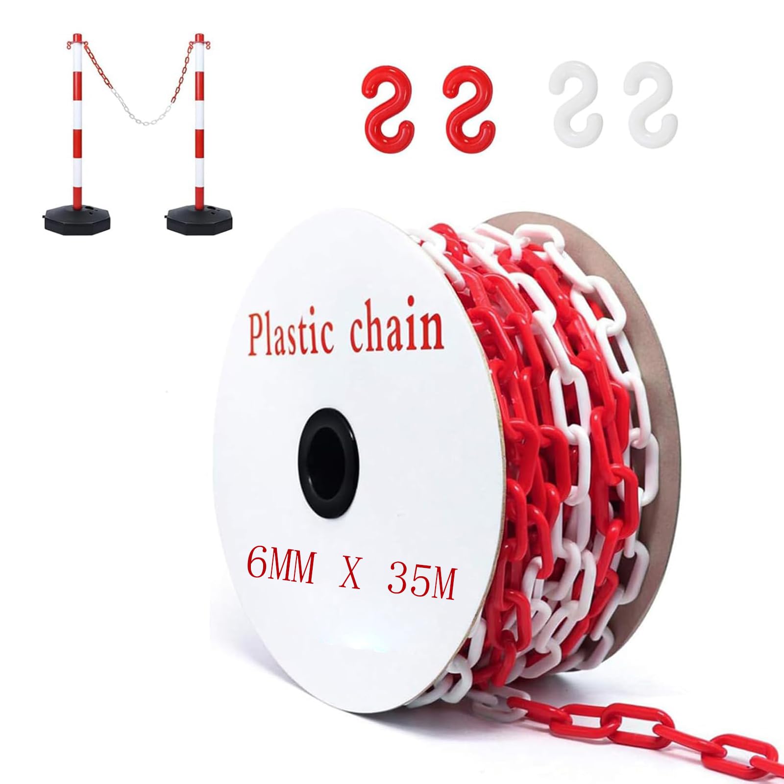 Catena di sicurezza in plastica, 35 m, 35 m, in plastica, 6 mm, con 6 ganci a S, catena di sicurezza in plastica, per cantieri, parcheggio e manutenzione degli ordini