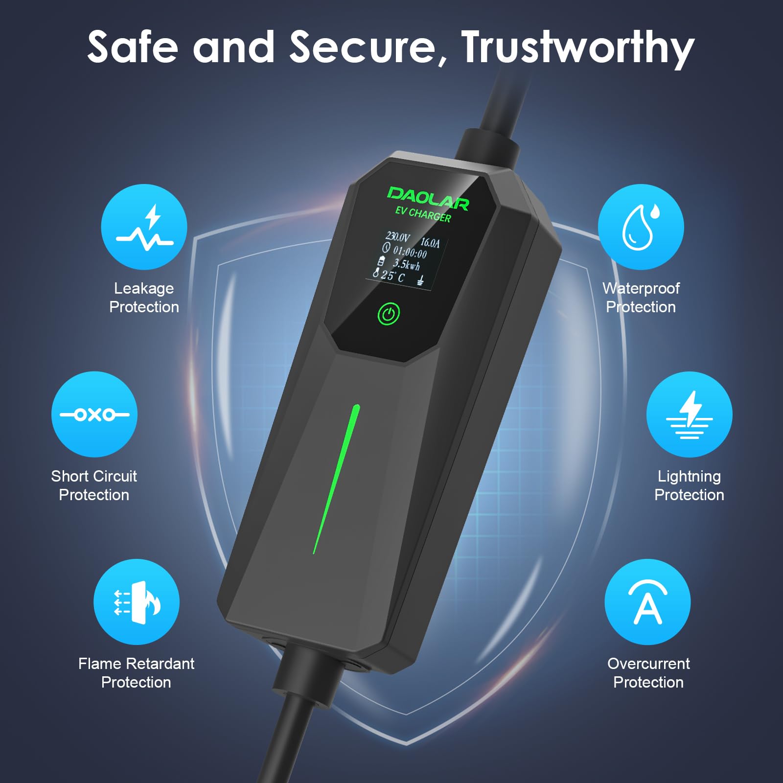 Cavo Ricarica Auto Elettrica Tipo 2 DAOLAR | 3.5kW-16A Regolabile | Con Schermo LCD | 6m - Foto 5