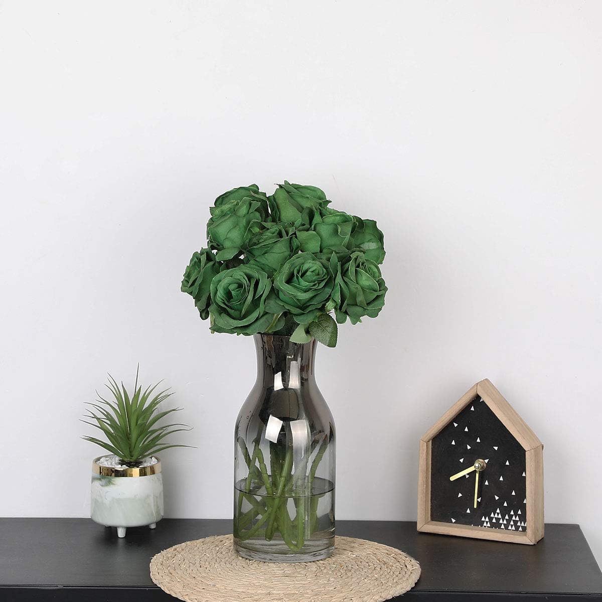 Nubry Artificial Silk Rose Flower Bouquet Lifelike Fake Rose for Wedding Home Party Decoration Event Gift 10pcs (Dark Green) - Image 5