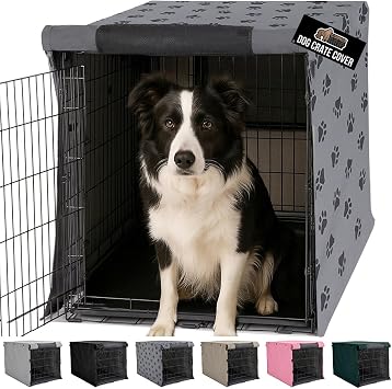 GORILLA GRIP Dog Crate Covers, Wire Kennel Topper, 36 in, Gray Black Paw