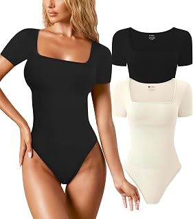 Womens Shapewear Bodysuits Tummy Control Short Sleeve Seamless Ribbed Square Neck Body Shaper Jumpsuit Thong