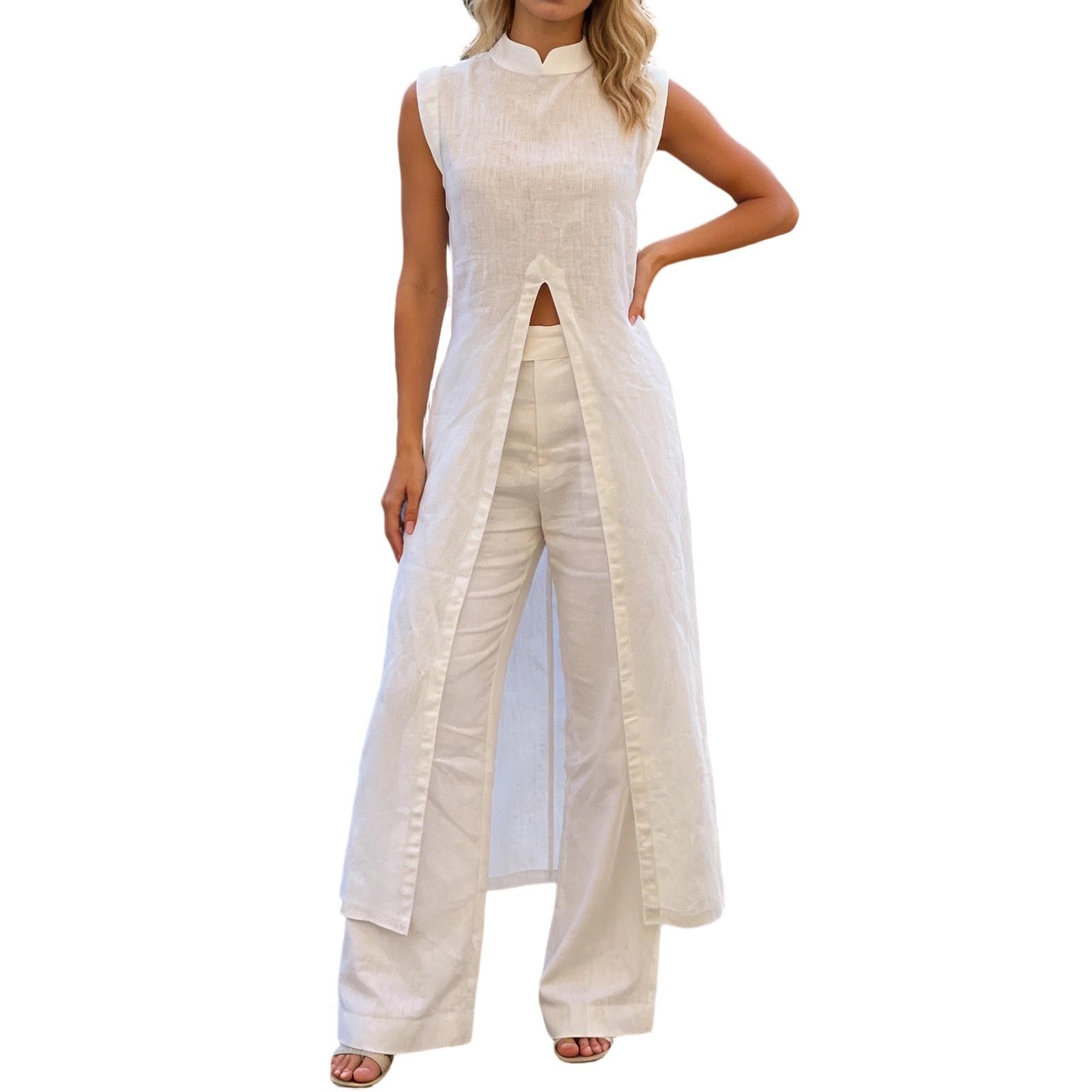 Ensemble Pantalon Femme Été Tenue Travail Élégante 2 Pièces Coordonnée sans Manches Haut Large Pantalon Professionnel Bureau