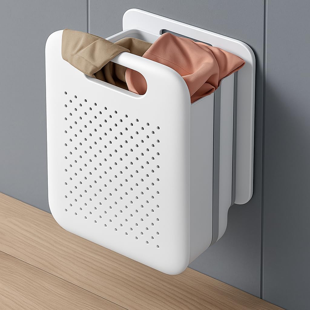 Goderewild Collapsible Laundry Basket, Space-Saving Wall-Mounted Hamper, Detachable Hanging Organizer for Home, Dorms, RVs, Measures 11.8" x 8" x 14.7" In (White)