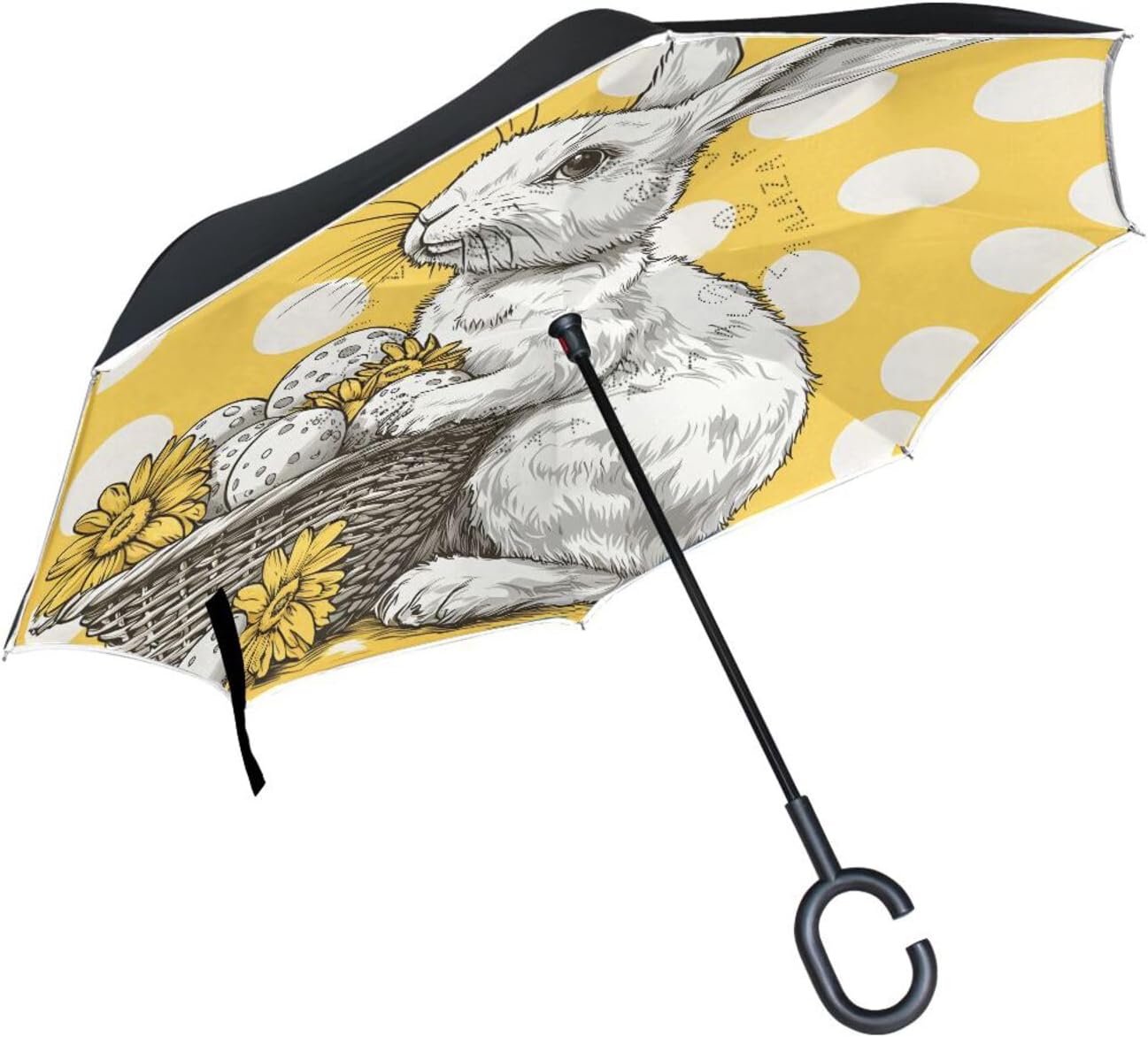 Cute Rabbit Easter Egg Inverted Umbrellas for Rain Windproof Reverse Upside Down Golf Umbrella with C-shape Handle for Men Women