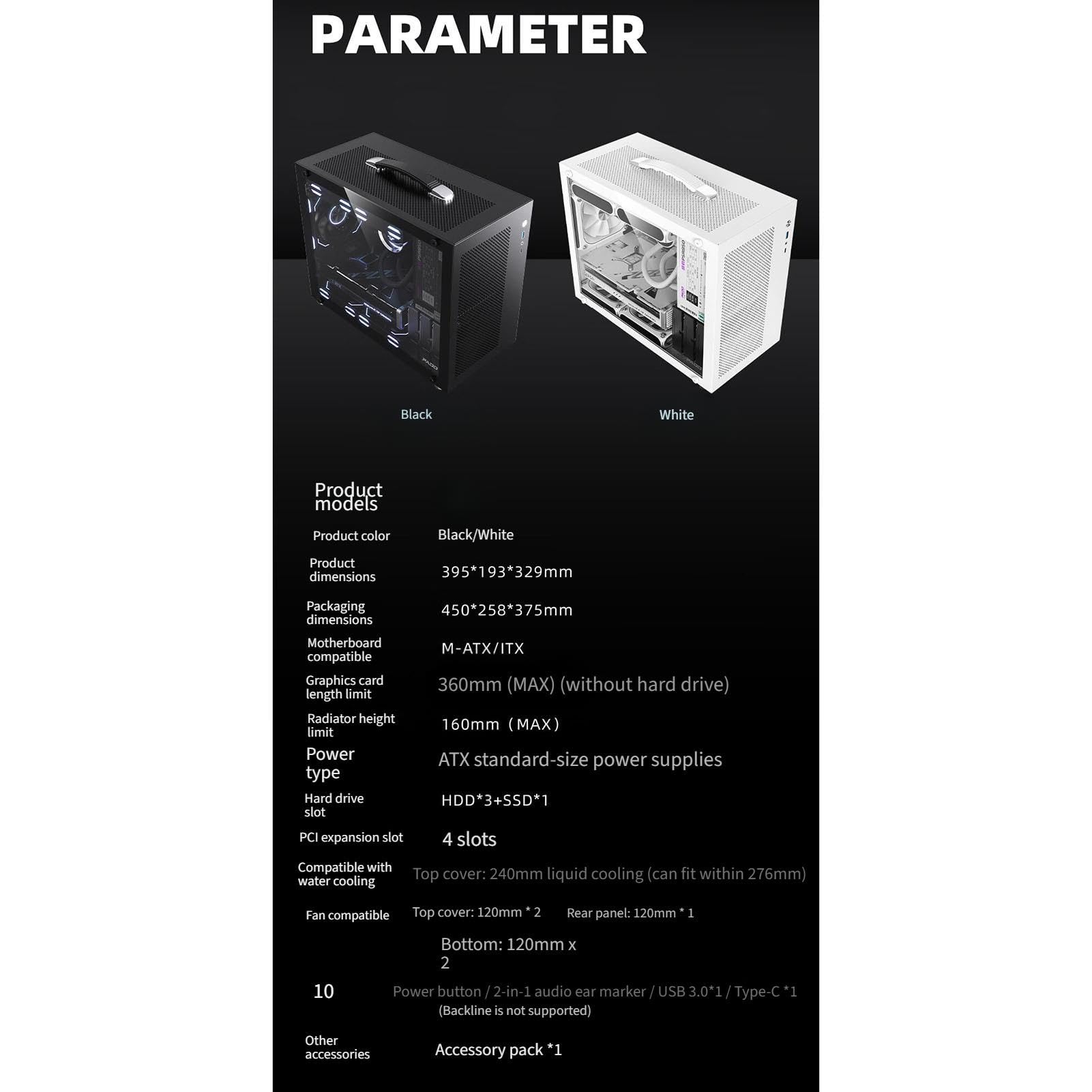 upim M-ATX-Gehäuse, Mid-Tower-Desktop-Computer-Gaming-Gehäuse, USB 3.0/Typ-C-Anschlüsse, Gehärtete Glasscheibe, Unterstützt Wasserkühlung, Leicht Zu Bewegen(White)