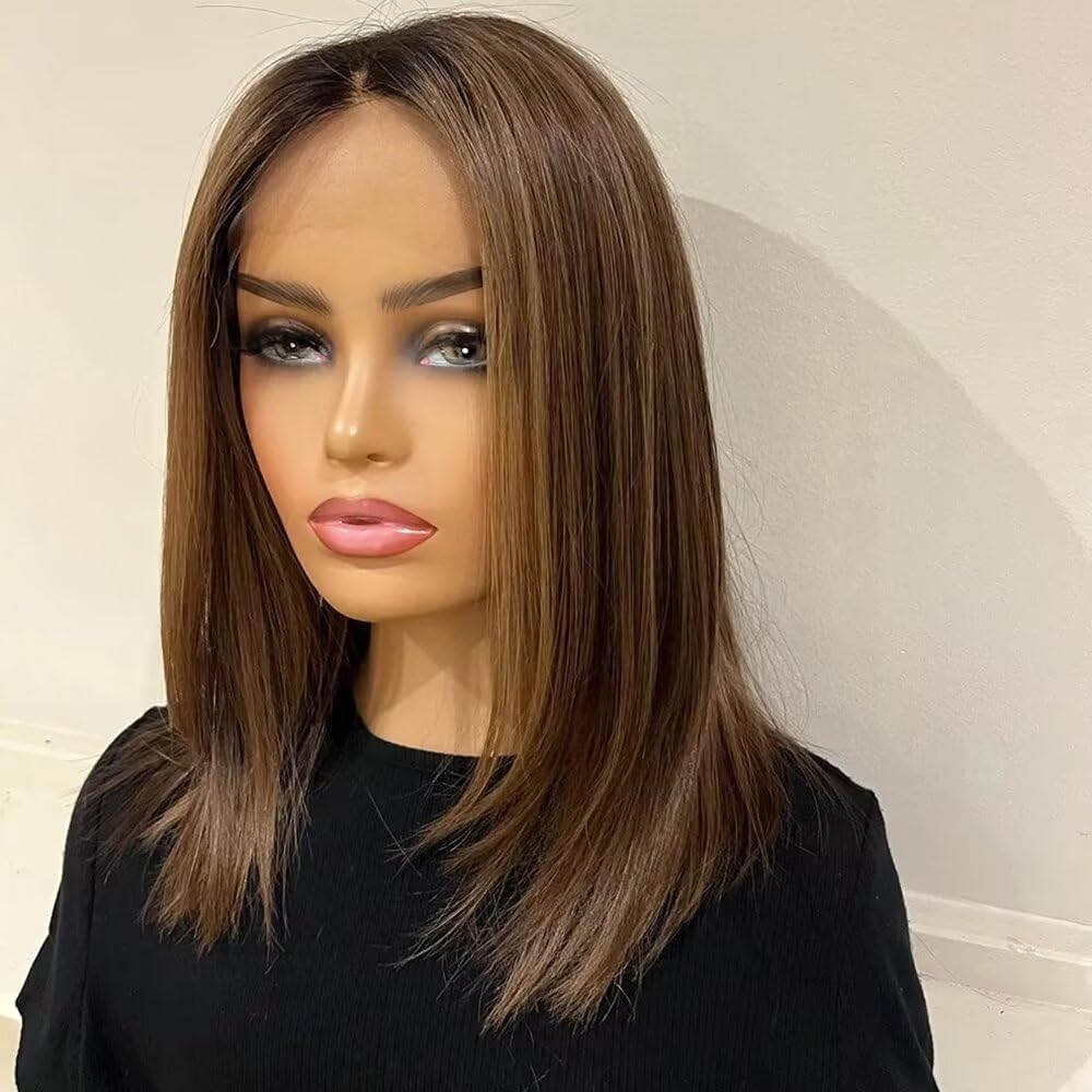 Straight Short Bob Wig Highlighted Transparent HD 13X4 Lace Frontal Human Hair Wigs Natural Hairline Baby Hair for Women 150 Density Brown Ombre Glueless Lace Wig Pre Plucked Bleached Knots 8"