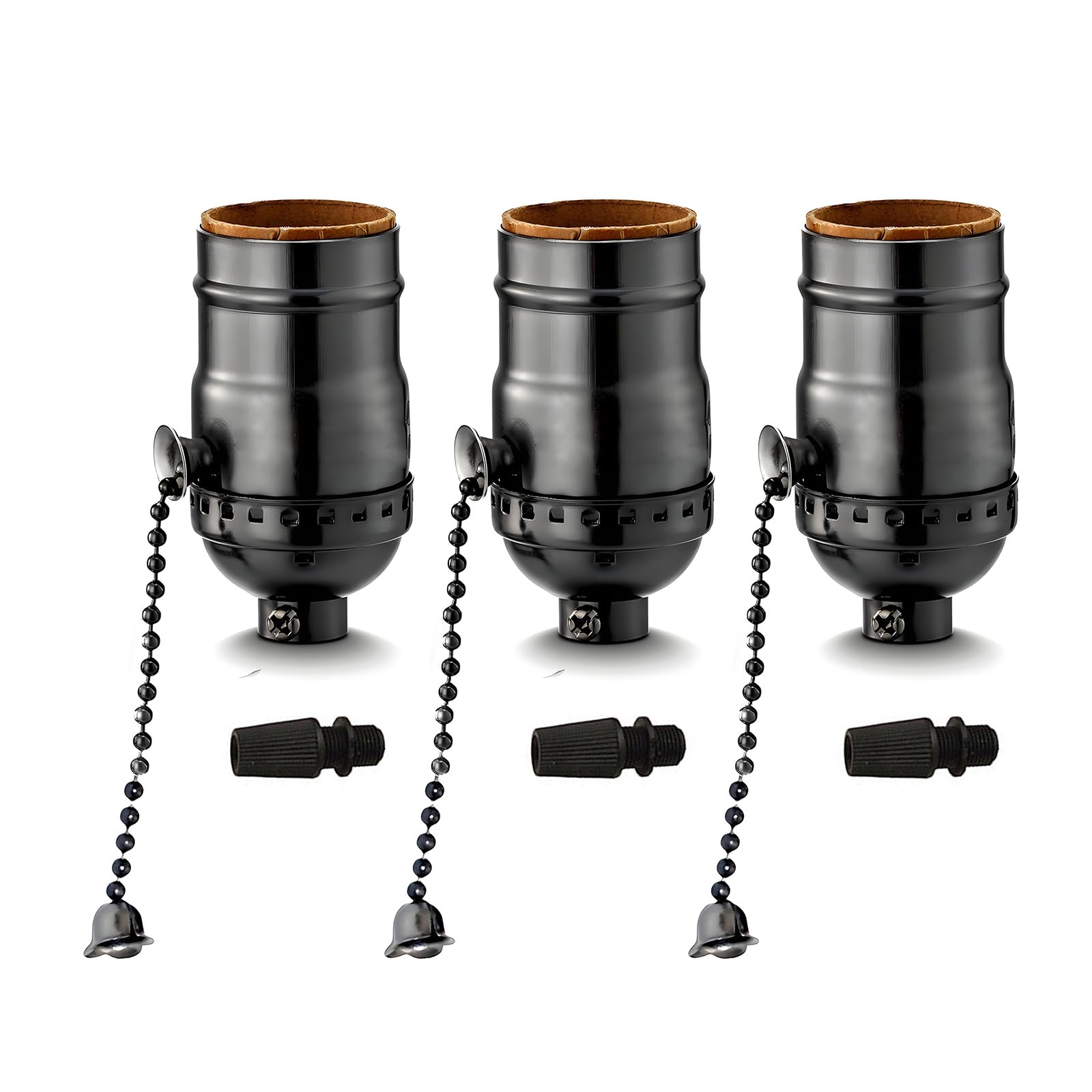 FINELED 3 Pack E26/ E27 Aluminous Shell Vintage Bronze Edison Pendant lamp Holder,Black DIY Accessories E26 Screw Medium Base Light Socket with Chain Switch