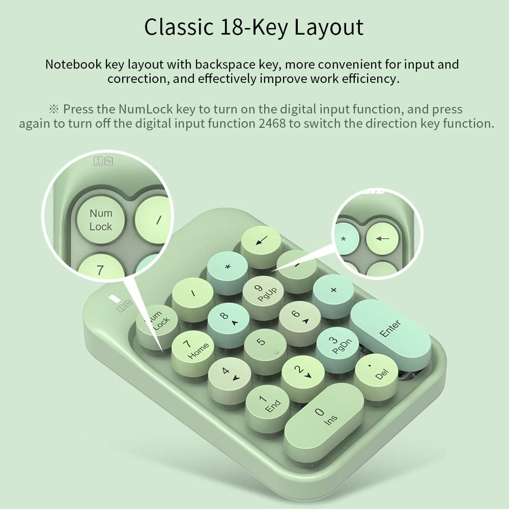 NACODEX AK18 2.4GHz Wireless Numeric Keypad, 18 Keys Retro Typewrite Round Key Silent Portable Number Pad for Date Entry for Laptop PC Desktop (Green)