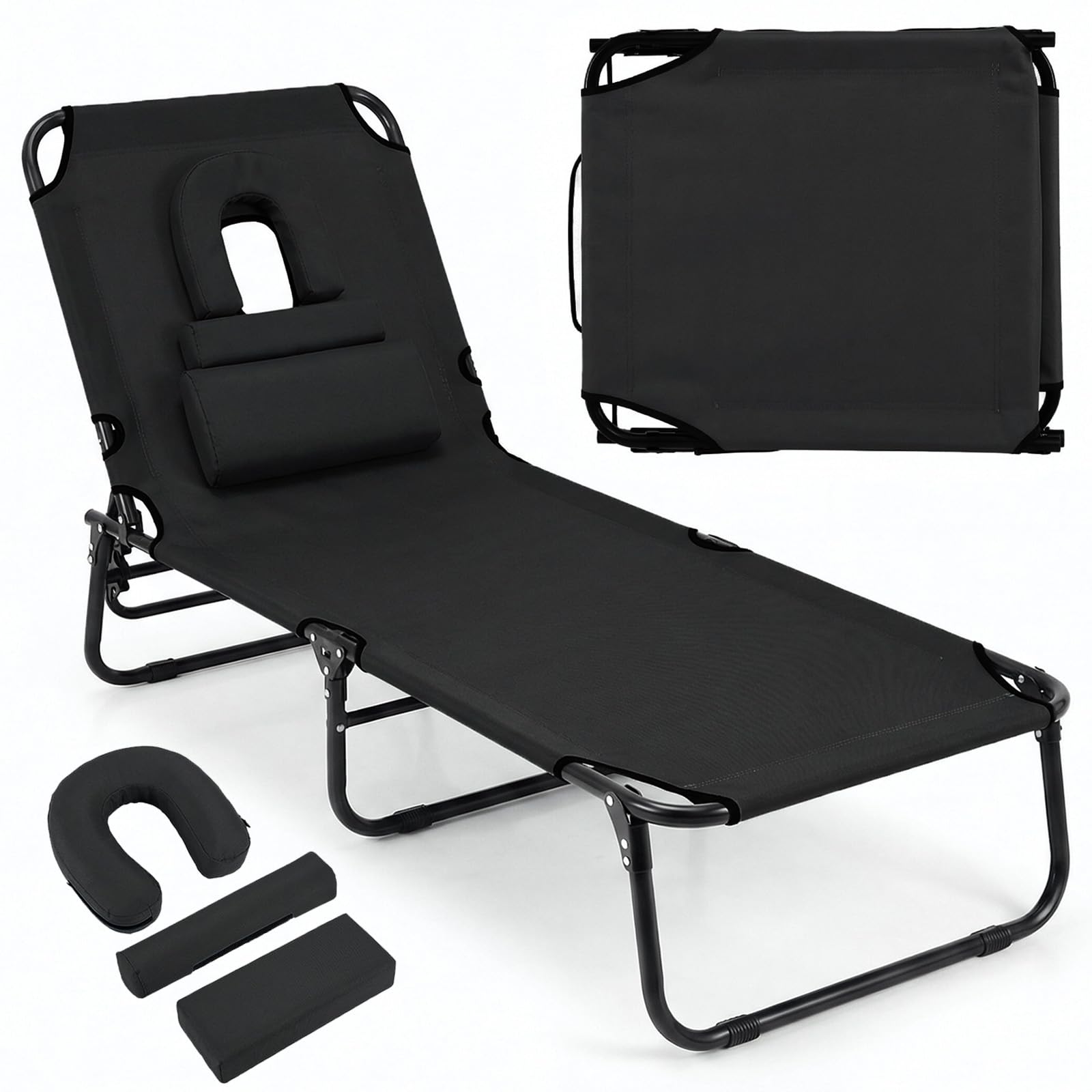 RELAX4LIFE Folding Sun Lounger, 5-Position Adjustable Outdoor Chaise Lounge Chair with Face Hole & 3 Removable Pillows, Beach Face Down Tanning Reclining Sunbed Deck Chair for Garden Patio (Black)