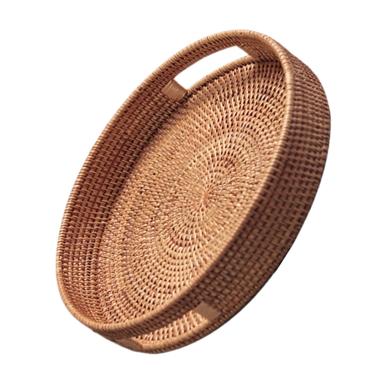 VINTORKY 1pc Rattan Storage Basket Rattan Basket Bread Serving Baskets Tray Woven Fruit Bowl Round Wicker Tray with Handles Round Serving Basket Woven Bread Baskets Kitchen Food Light Brown