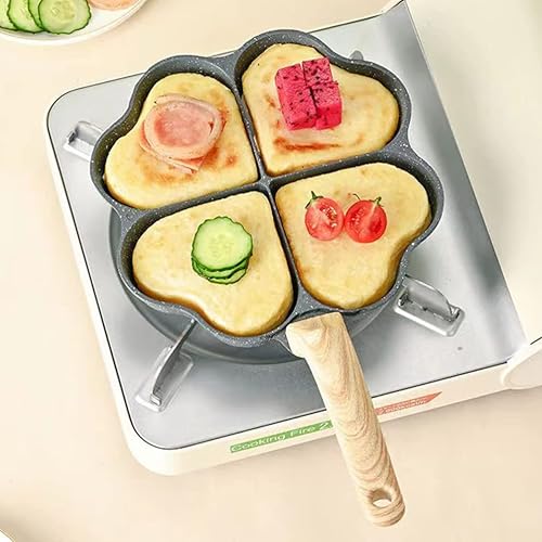 Miniatura 9 de Hemoton Sartén para huevos con forma de corazón, sartén de aluminio para tortillas, sartén para huevos fritos con mango de madera, sartén