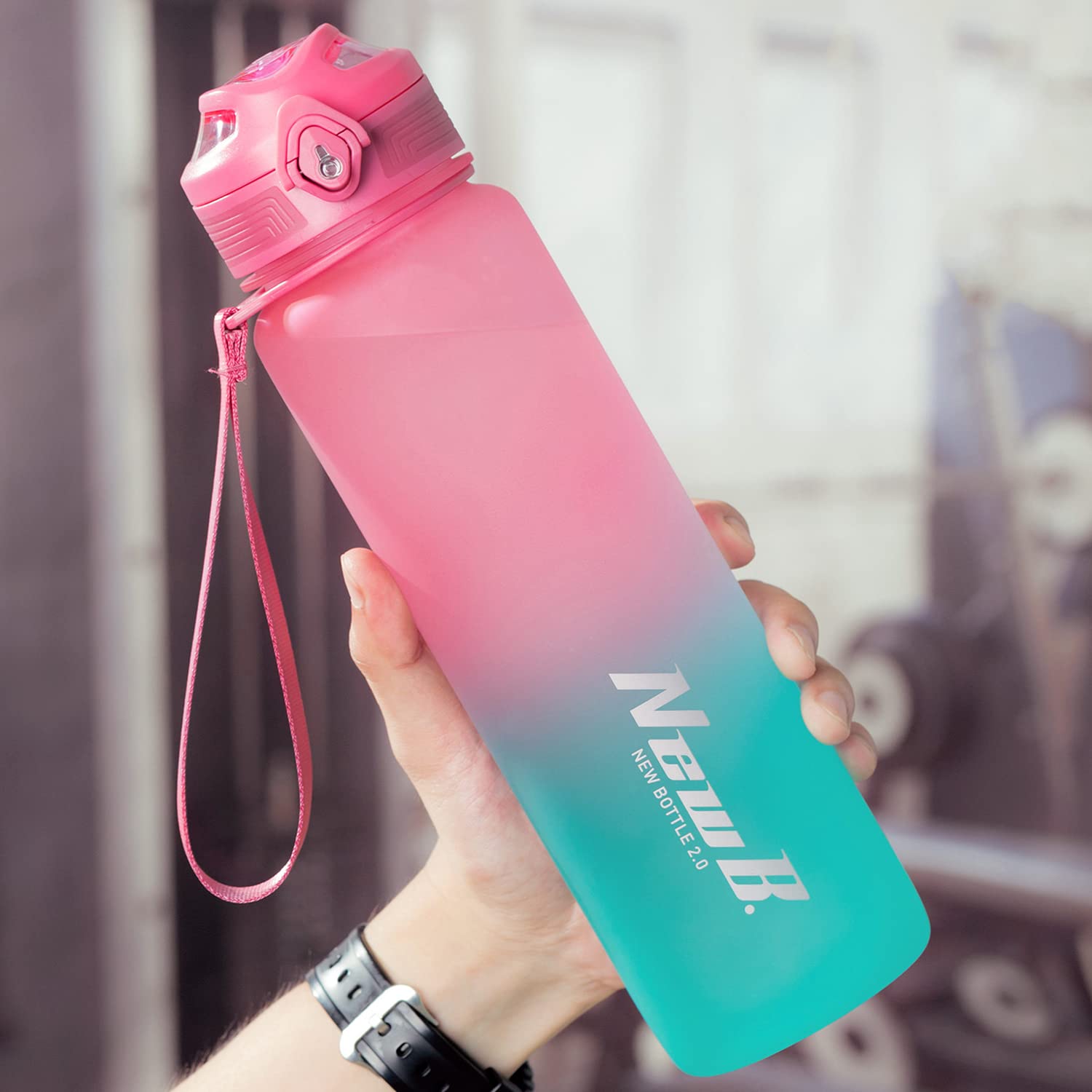 Tycom Water Bottle 1L Tritan Leak-Proof Drink Bottle, Gym Bottle with Protein Shaker, Flip Top Lid & Removable Strainer Sport Bottle for Fitness Cycling, Gym Camping Sports （Pink Blue）