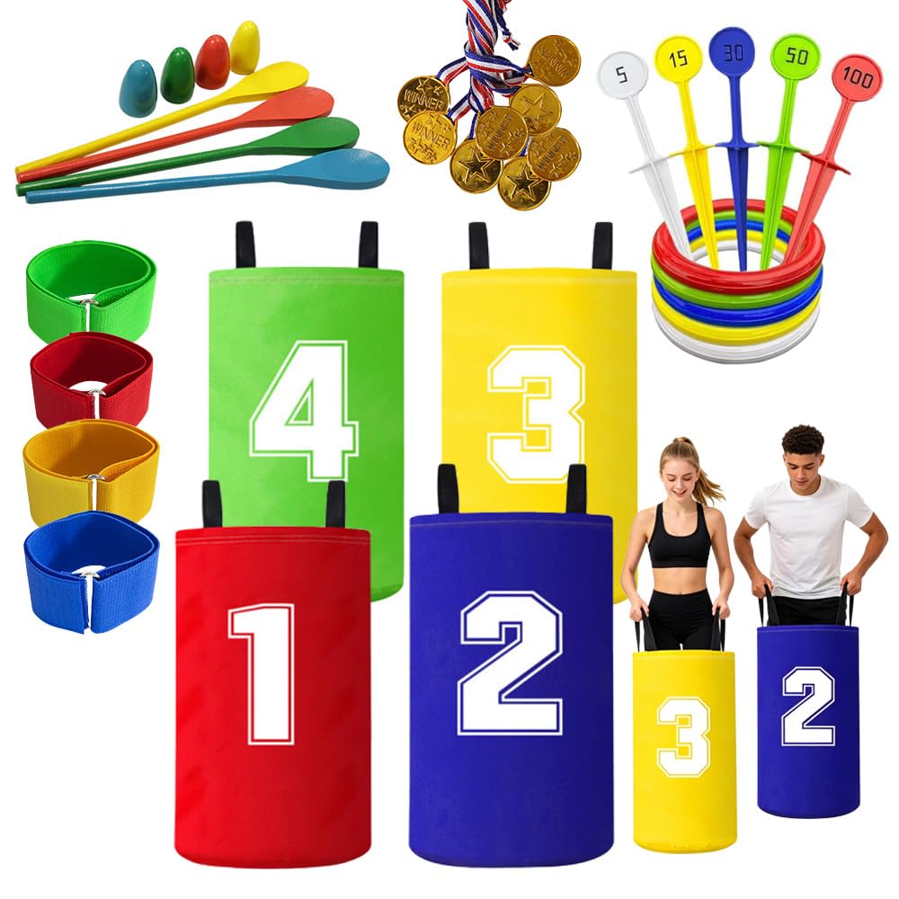 Jeux Exterieur Enfant, 4-in-1 Ensemble de Sports Day Jeux avec Médailles, Course À 3 Pattes, Course en Sac, Course Aux Oeufs, Jeux de Plein Air, pour Anniversaires, Journée Sportive, Kermesse