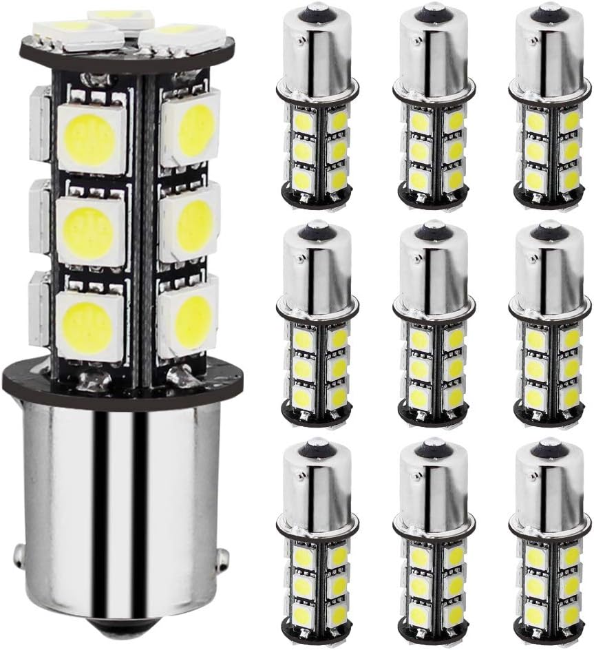 Boodlied 10pcs 1156 BA15S 1141 1073 1095 1003 7506 18-SMD 5050 Led bulb Replacement Car Interior RV Camper Turn Backup Parking Side Marker Lights, (Black Board). (White)