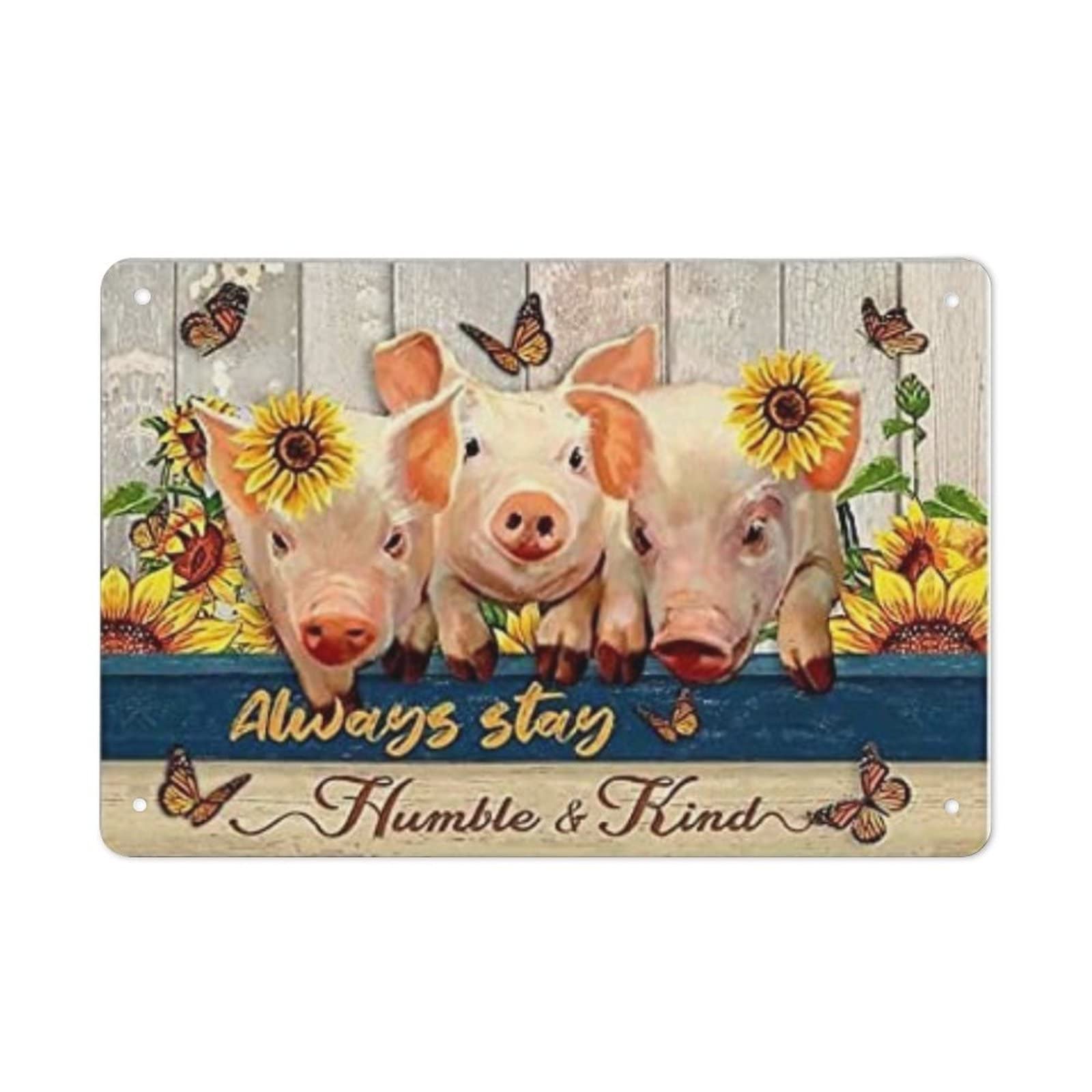 AOOEDM Cute Little Pigs Stay Humble And Kind Tin Metal Sign Wall Decor Funny Inspirational Quote Wall Art Sign Vintage Tin Signs For Home Coffee Bar Man Cave Sign Pub Poster