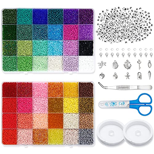 34560pcs Glass Seed Beads 2mm Bead Bracelet Making Kit Small Craft Beads for DIY Bracelet Necklaces Jewelry Making Supplies with 300pcs Alphabet Letter Beads and Accessories Material