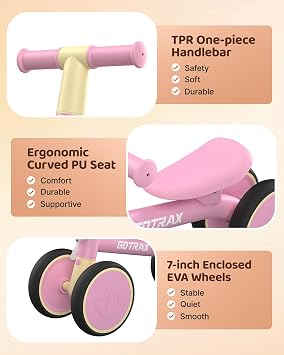 Gotrax Baby Balance Bike 1-2 Years, 7 Front&Rear Silent Wheels, Sturdy Steel Frame 66 lbs Load, Quick 2-Min Assembly, CPC Certified, Comfortable Soft Seat, Toddler Birthday Gift for Boys&Girls