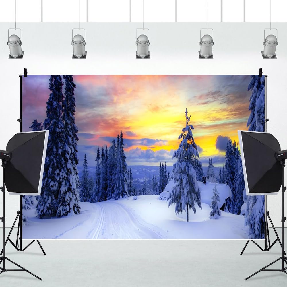 3x2m Fondo de Nieve de Invierno, Paisaje nevado, Bosque Helado, Paisaje, Pino, Amanecer, fotografía de Fondo para Feliz Nochebuena, Fiesta de Año Nuevo, Accesorios para Baby Shower
