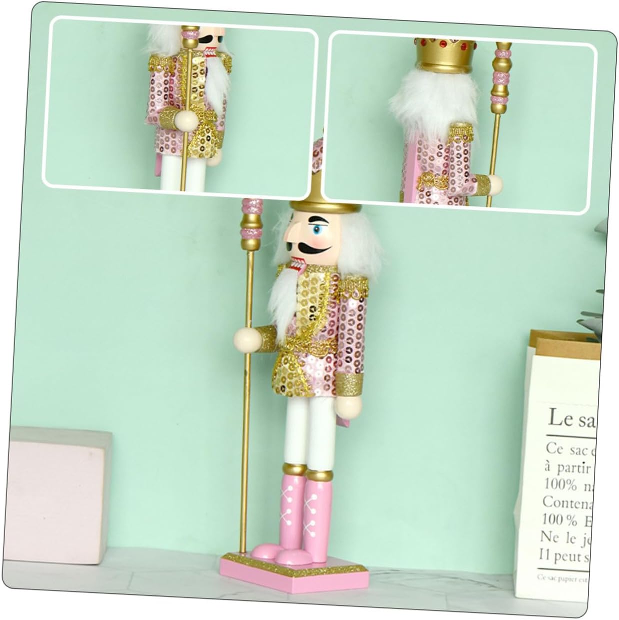 Sequin Fabric Nutcracker Figure King Christmas Ornament 30cm Pink Wooden Nutcracker Doll Home Desktop Decor for Holiday Seasonal Decoration