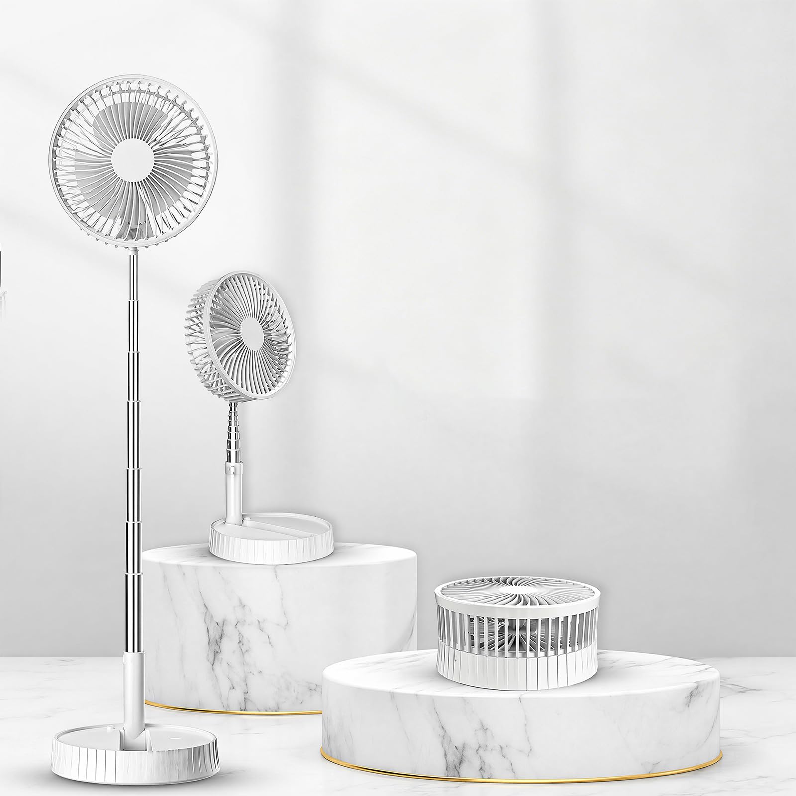Ventilatore portatile 3 in 1, ricaricabile 7200 mAh, da terra/piedistallo/pieghevole, silenzioso, regolabile, batteria lunga durata, da viaggio e ufficio (Bianco)