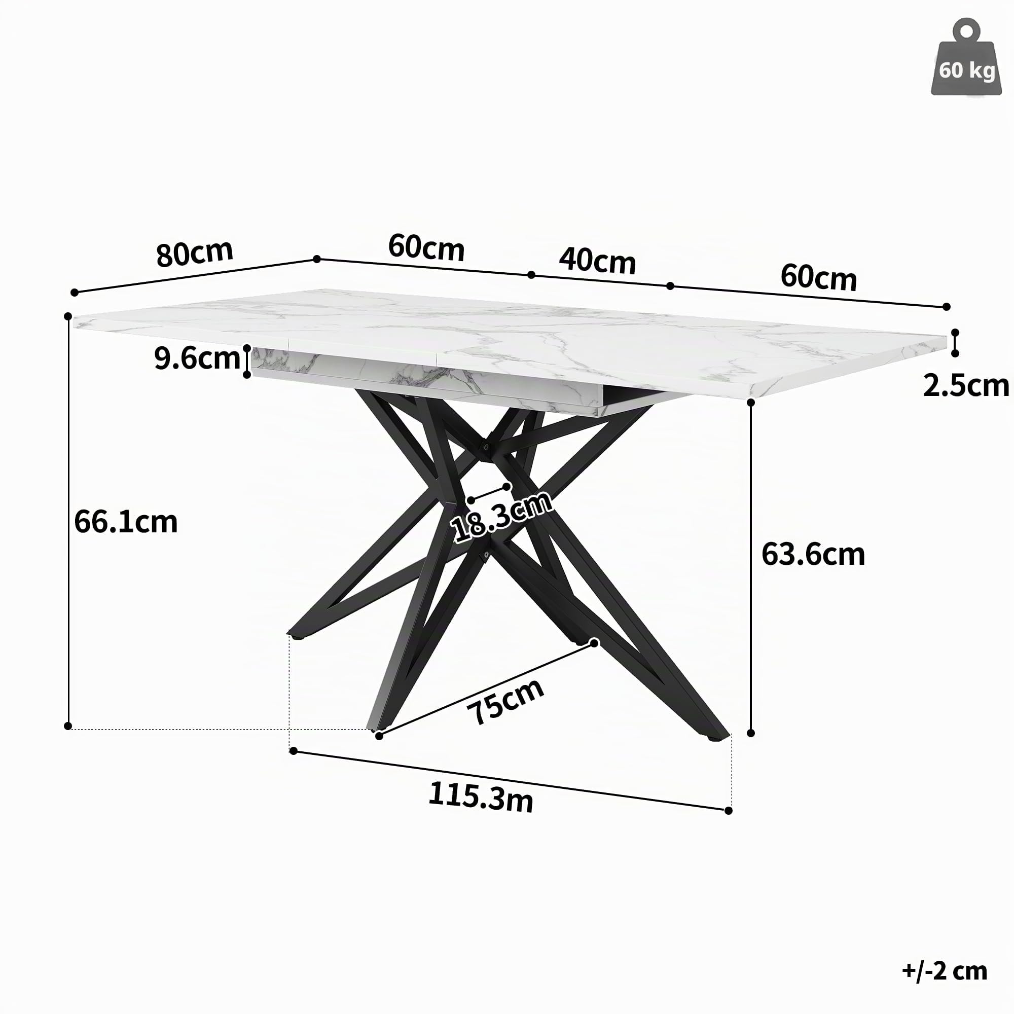 Bladez Set da pranzo allungabile con 4 sedie in velluto, tavolo da pranzo, tavolo rettangolare, 120-160 cm, tavolo in legno, moderno, per 4-6 persone, per sala da pranzo (marmo bianco)