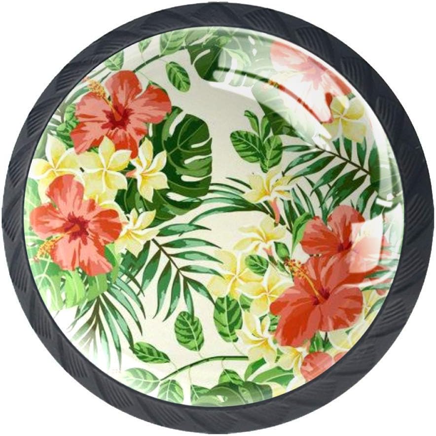 Tropical Leaves and Flowers Plumeria Hibiscus Monstera Palm 4 Pcs Cabinet Dresser Knobs Drawer Door Cabinet Knobs Pull Handles for Kitchen Bathroom Unique