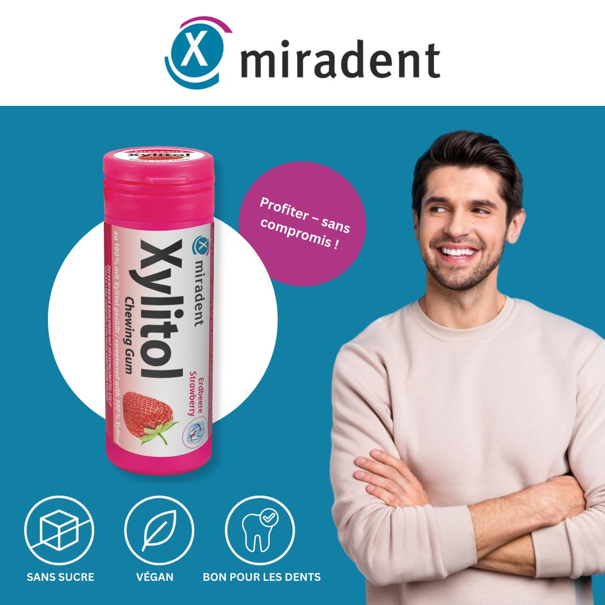 miradent Chewing-gum dentaire au xylitol Fraise | 12 pcs | goût fruité | sans sucre | vegan | prévient les caries | idéal à emporter