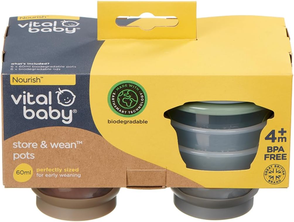 61KtuGZVKML._AC_SL1300_ Vital Baby Nourish Store & Wean Food Pots 60ml 6pk 4m+, Leakproof, Stackable, Soft Base, EarthSmart Biodegradable, BPA-Free & Freezer Safe for Baby Food