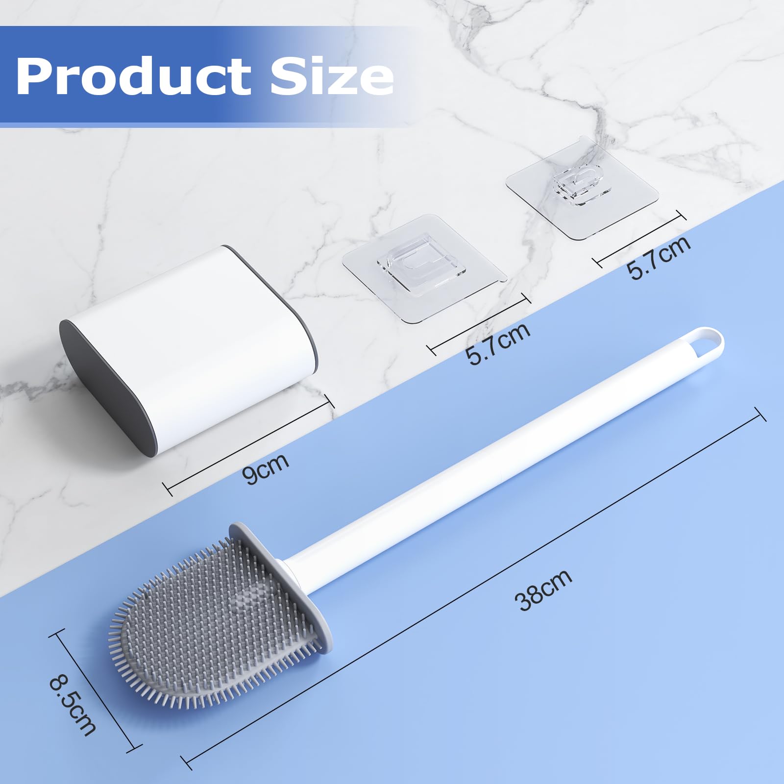 Set 2 Scopini WC In Silicone TPR Con Supporto Adesivo A Parete O Pavimento - Manico Lungo Antiscivolo, Setole Morbide, Asciugatura Rapida