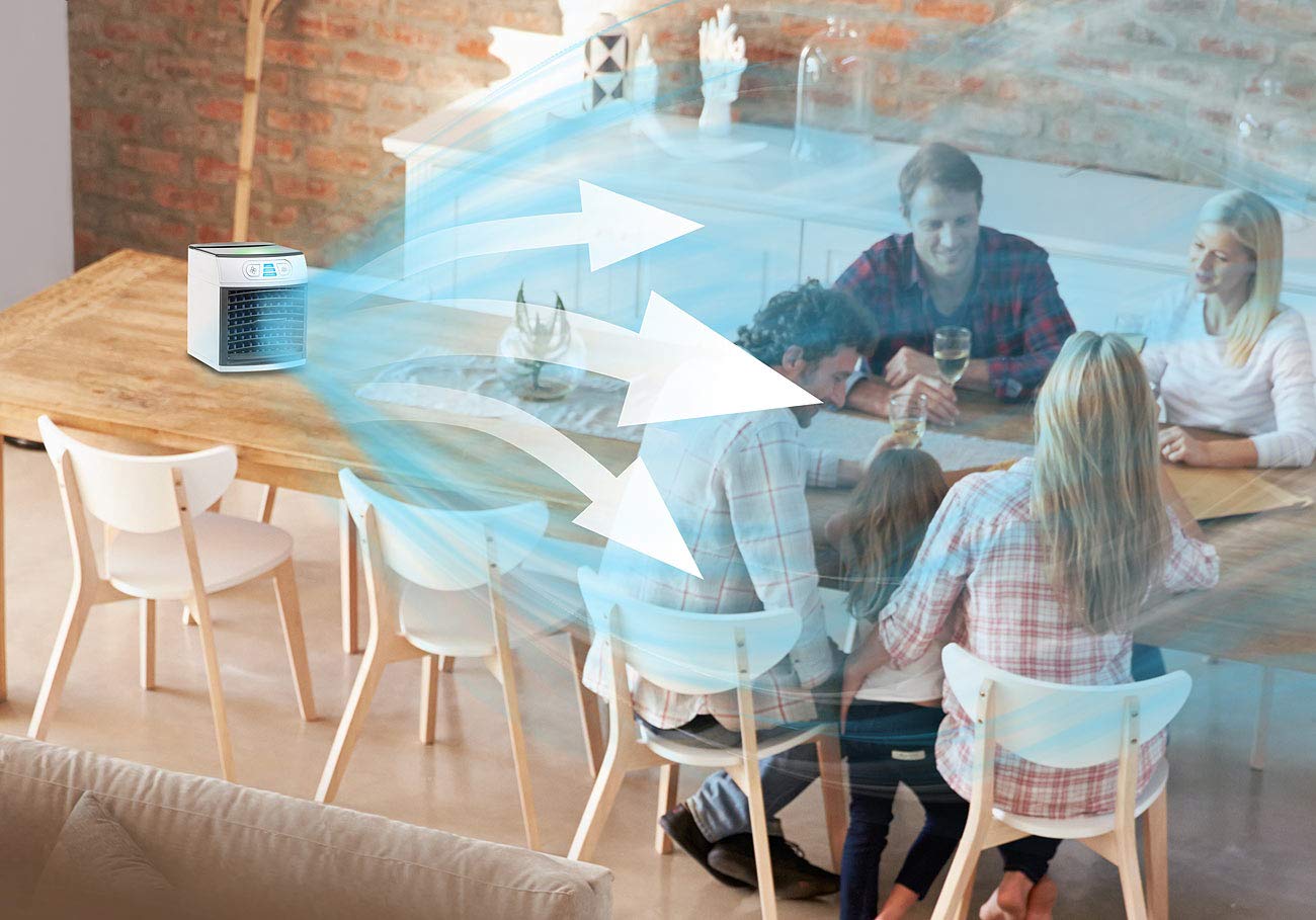Sichler Haushaltsgeräte Klimawürfel: 2in1-Tisch-Luftkühler und -Luftbefeuchter, Ultraschall-Vernebler, LEDs (Mini Klimagerät, Mini Klimaanlage, Eis)