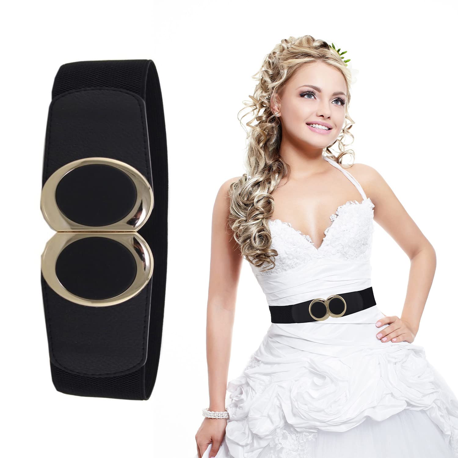 Trimming Shop Waist Belt Wide Stretch Belt PU Leather with Circular Shiny Buckle Belt for Women Western Outfits Gowns, 60mm Wide, 32