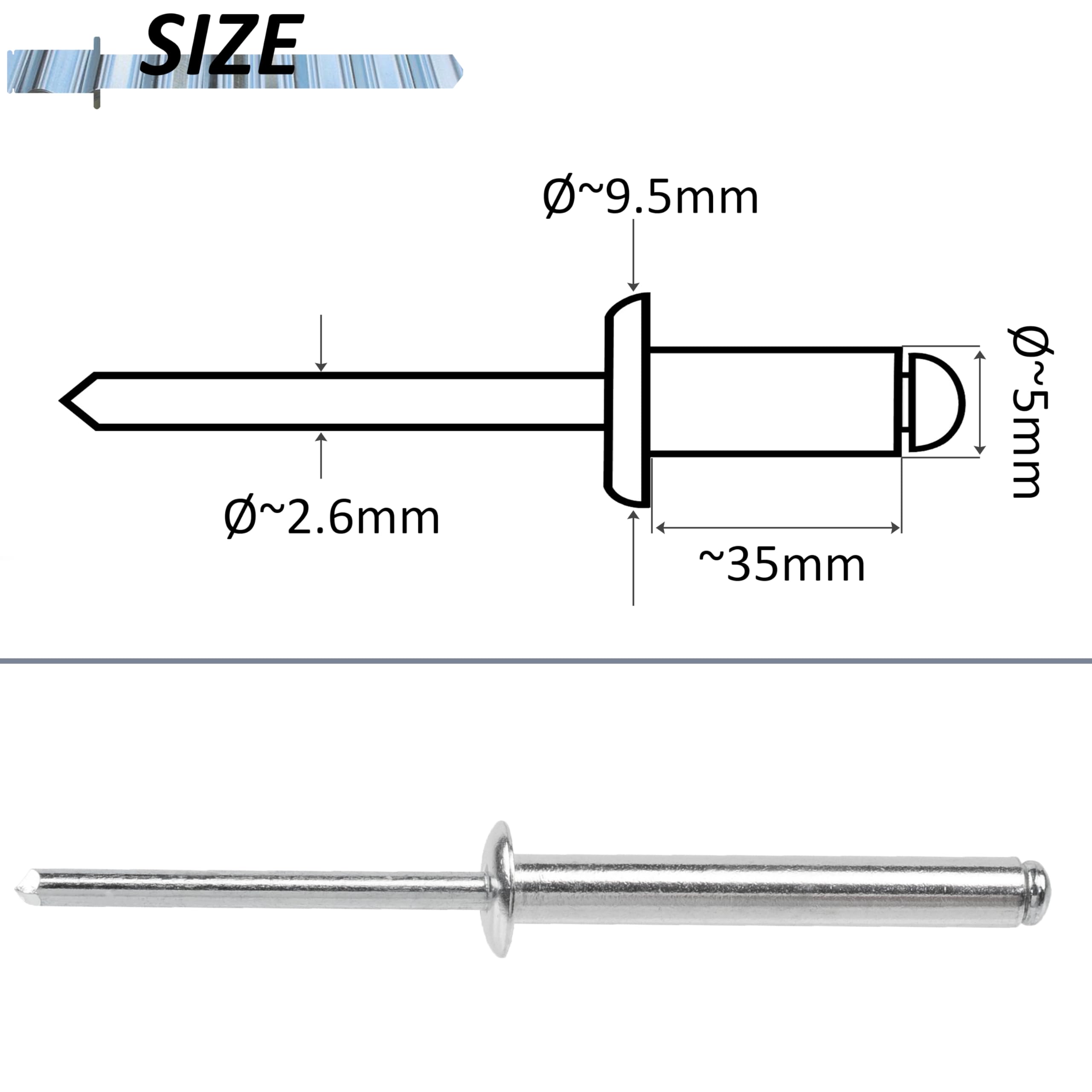 AERZETIX Set di 20 Rivetti Ciechi Standard Ø5x35mm Alluminio/Acciaio DIN 7337 A