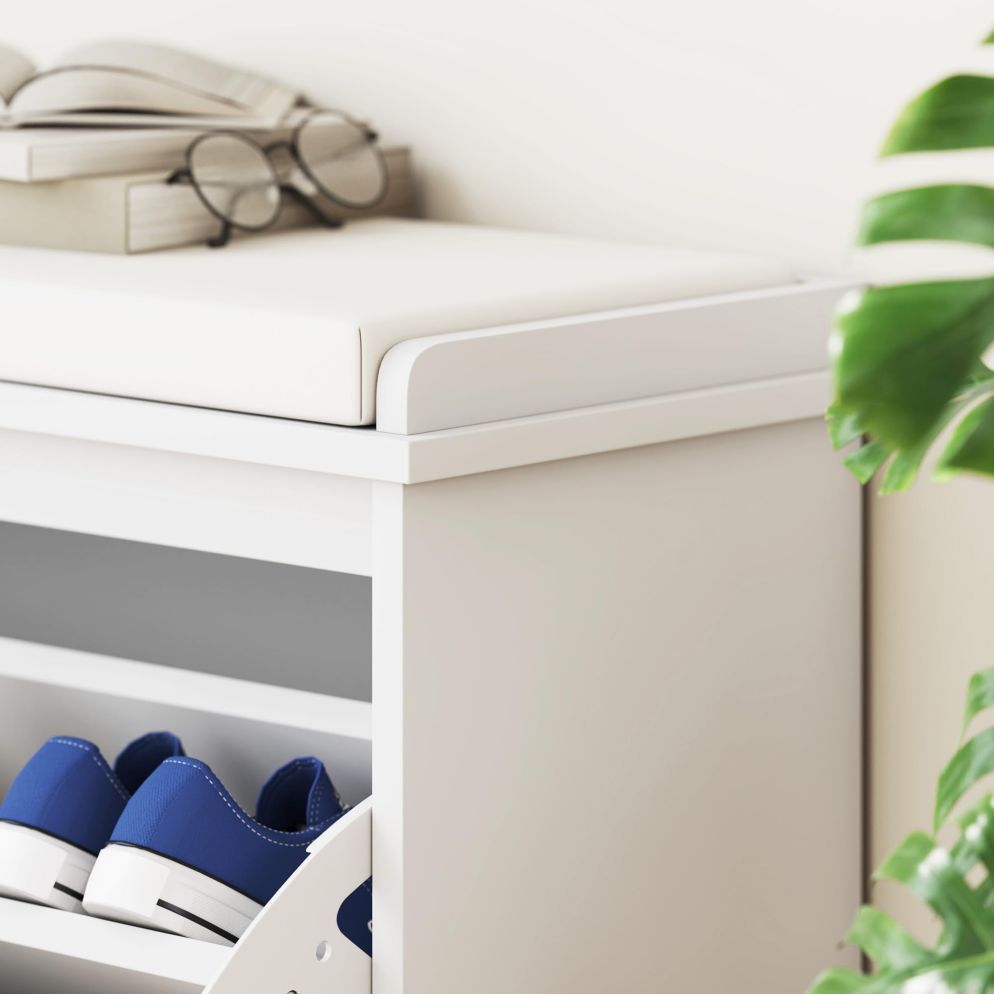 HOMCOM Panca Scarpiera Ripiano Regolabile, 80x26x47.5 cm, Bianco e Beige | Ripiano Interno Rimovibile, Mobile Scarpiera, Legno Effetto Lino e Tessuto