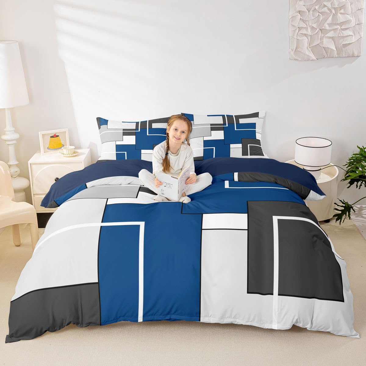 Erosebridal Navy Blue Geometric Duvet Cover King Size for Boys Girls