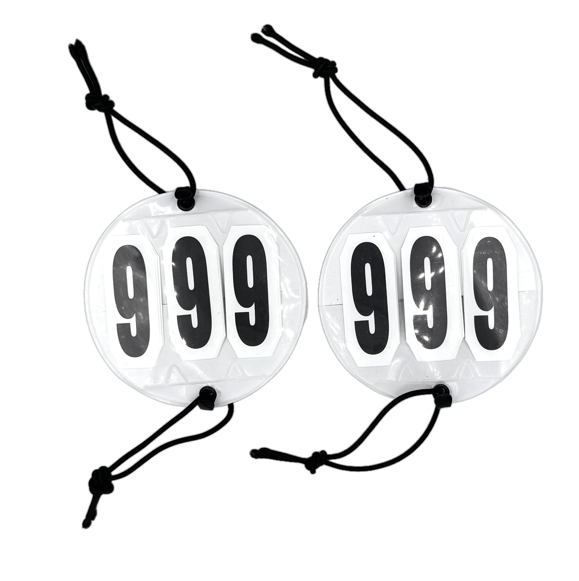 JA Horse JA7002 Tournament Race Numbers for Horses 3 Digit Head Numbers Tournament Numbers for Bridle and Saddle Cloths Robust Set in White for Tournament Sports (Rounds 9 cm with Elastic Band)