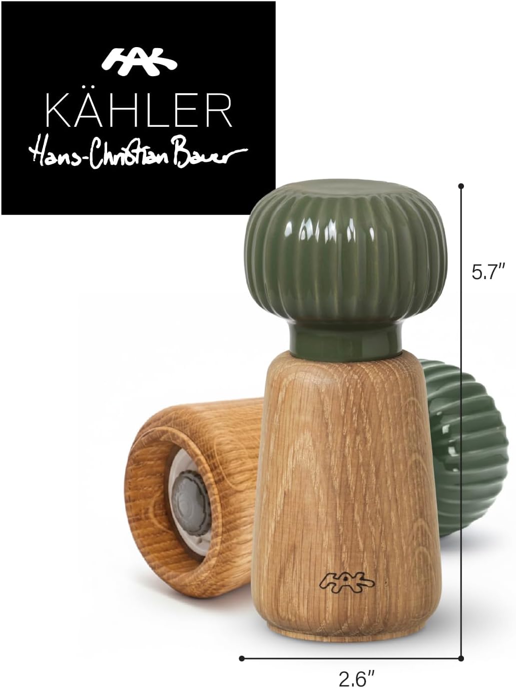 Kahler Hammershoi Grinder | Dark Green Ceramic and Oak | 5.5 Inch